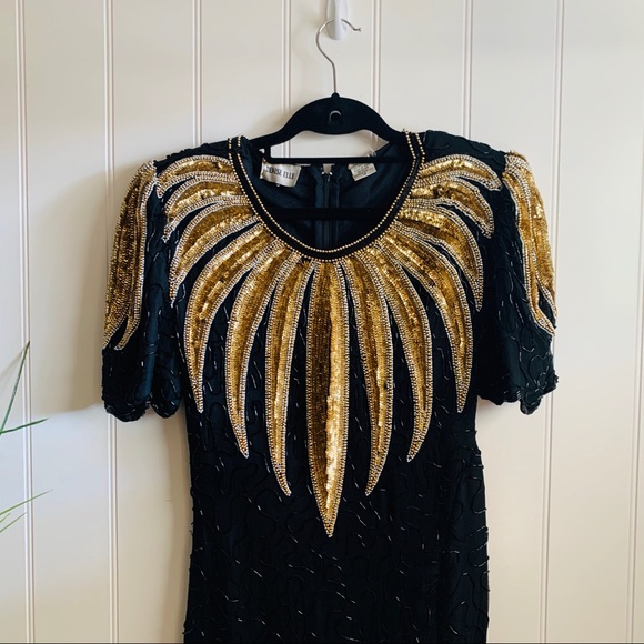 Vintage Denise Elle Black Silk Sequined Gown - Picture 3 of 8